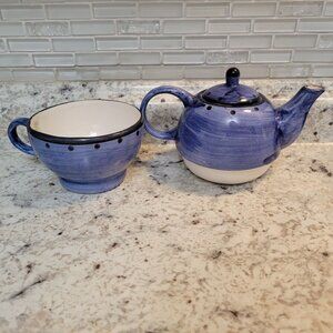 DesignPac Inc. Blue Ceramic Teapot & Cup Set Hand Wash Recommended 6" Diameter